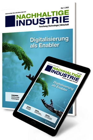Nachhaltige Industrie: Cover auf Magazin und Tablet